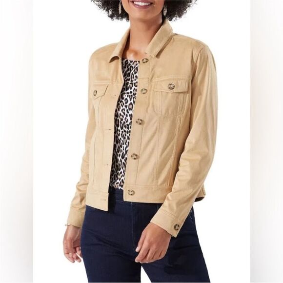 Tommy Bahama Salina Sanda Faux Suede Trucker Jacket in Pita Beige Tan Large - Picture 1 of 6